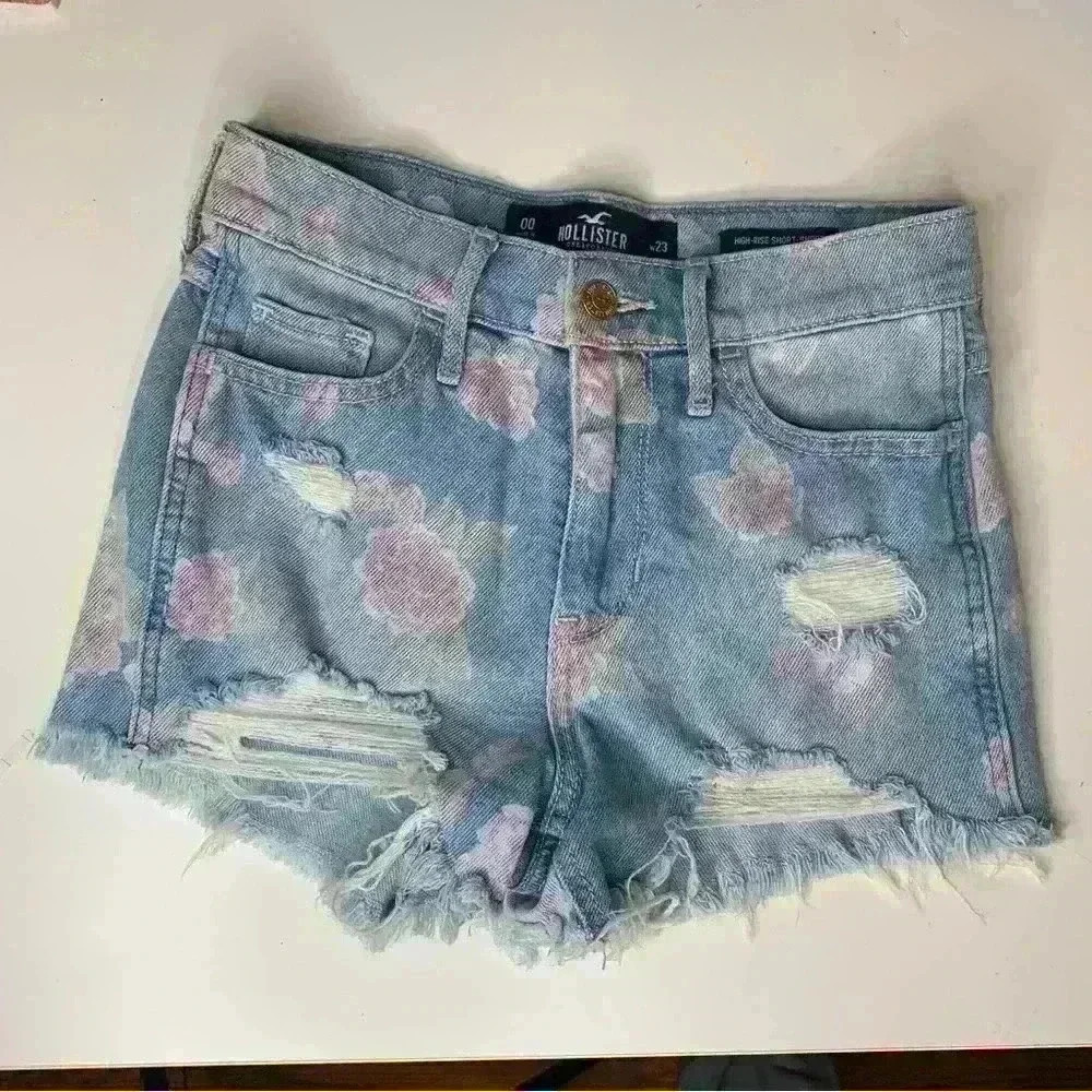 Hollister Blue Distressed Denim Shorts Stretch High- Rise